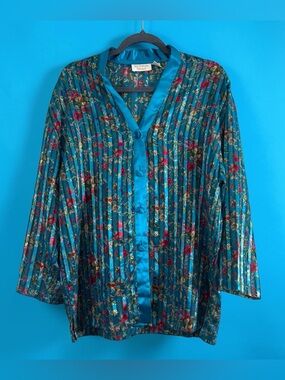 Victoria's Secret Vintage Teal Floral Satin-Trim Blouse Lingerie Sexy Size Small